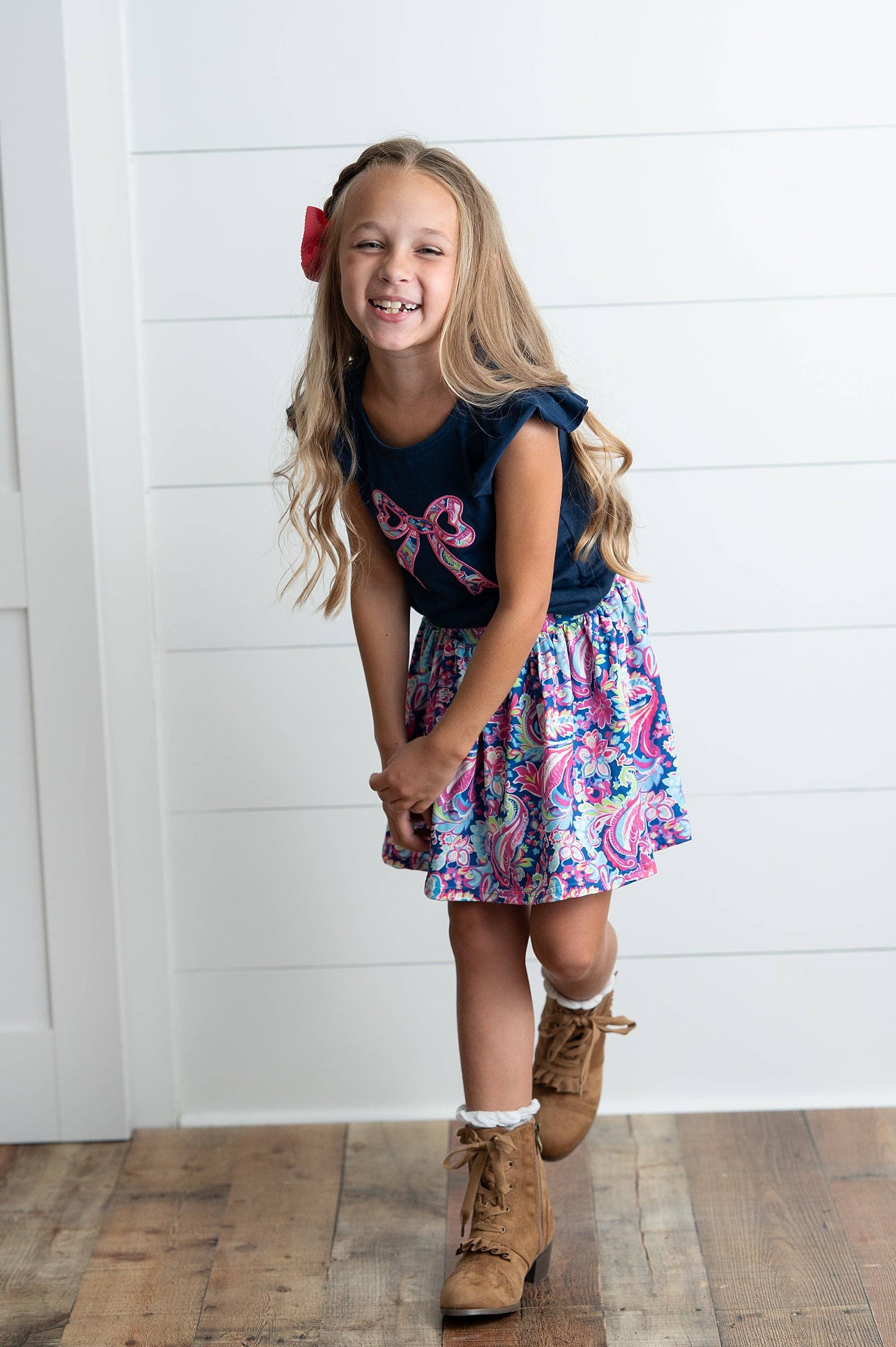 Girls Navy Pink Floral Bow Skort Set