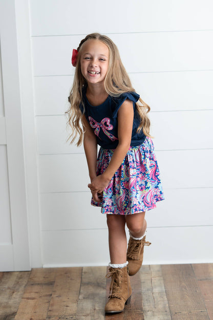 Girls Navy Pink Floral Bow Skort Set
