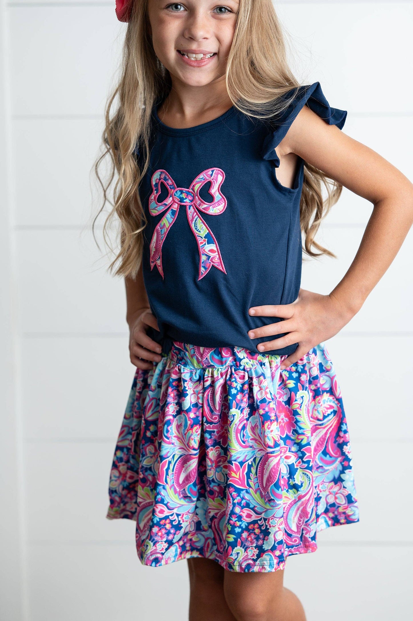 Girls Navy Pink Floral Bow Skort Set