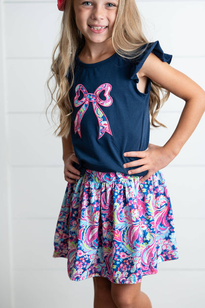 Girls Navy Pink Floral Bow Skort Set