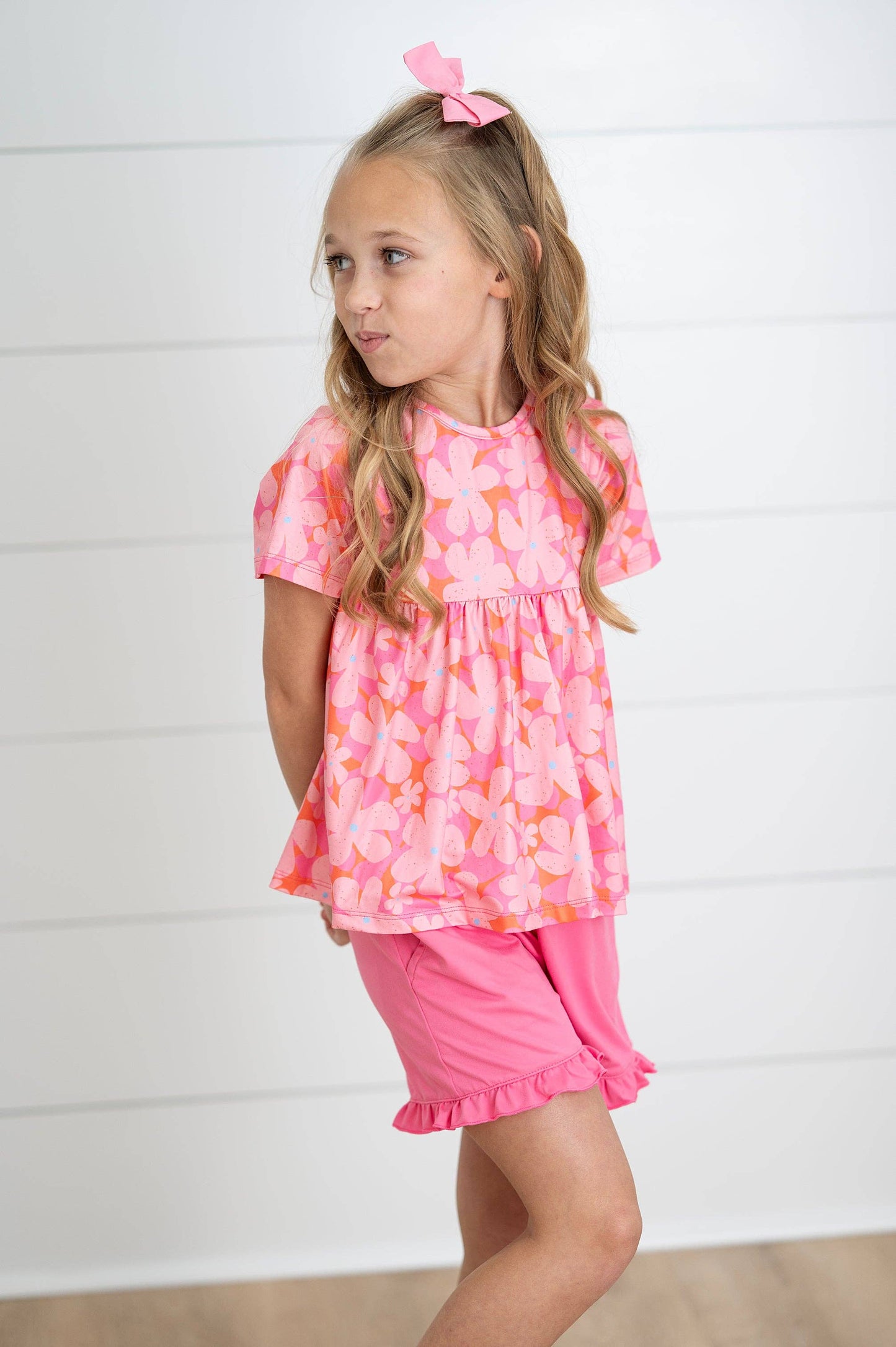 Kids Brynn Pink Floral Pocket Ruffle Spring Summer Short Set