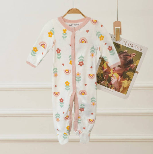 Rainbow Daisy Flowers Pattern Zipper Footie Pajamas
