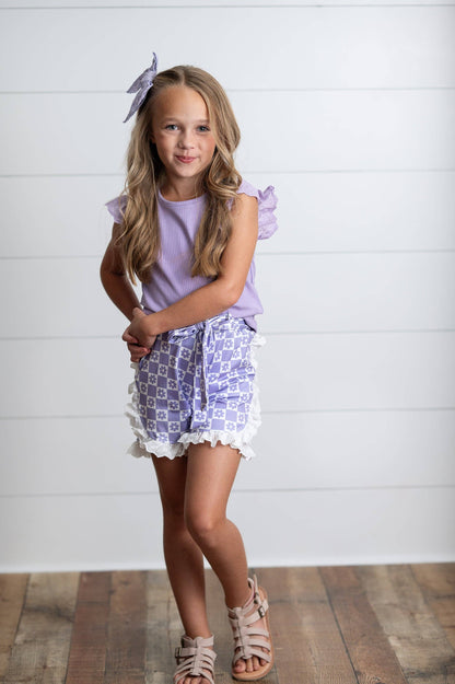 Girls Lavender Lace Checkered Spring Summer Ruffle Short Set