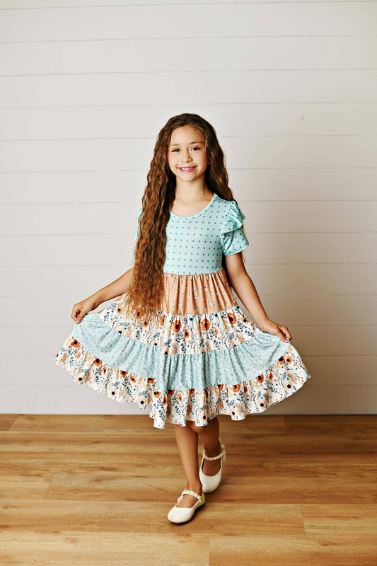 Girls Fall Ava Teal Beige Floral Dot Tiered Twirl Dress: 2