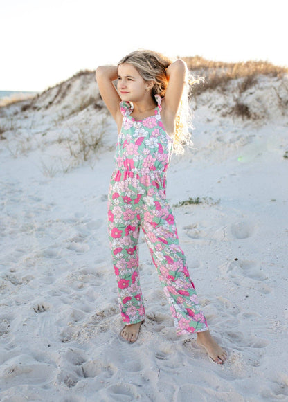 Kids Mint & Pink Flower Button Ruffle Summer Pocket Jumpsuit