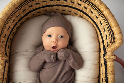 Cocoa Brown Ribbed Knotted Newborn Baby Gown & Bow