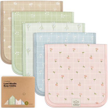 KeaBabies 5pk Lumi Muslin Burp Cloths for Baby Boys, Girls: Wild Bloom