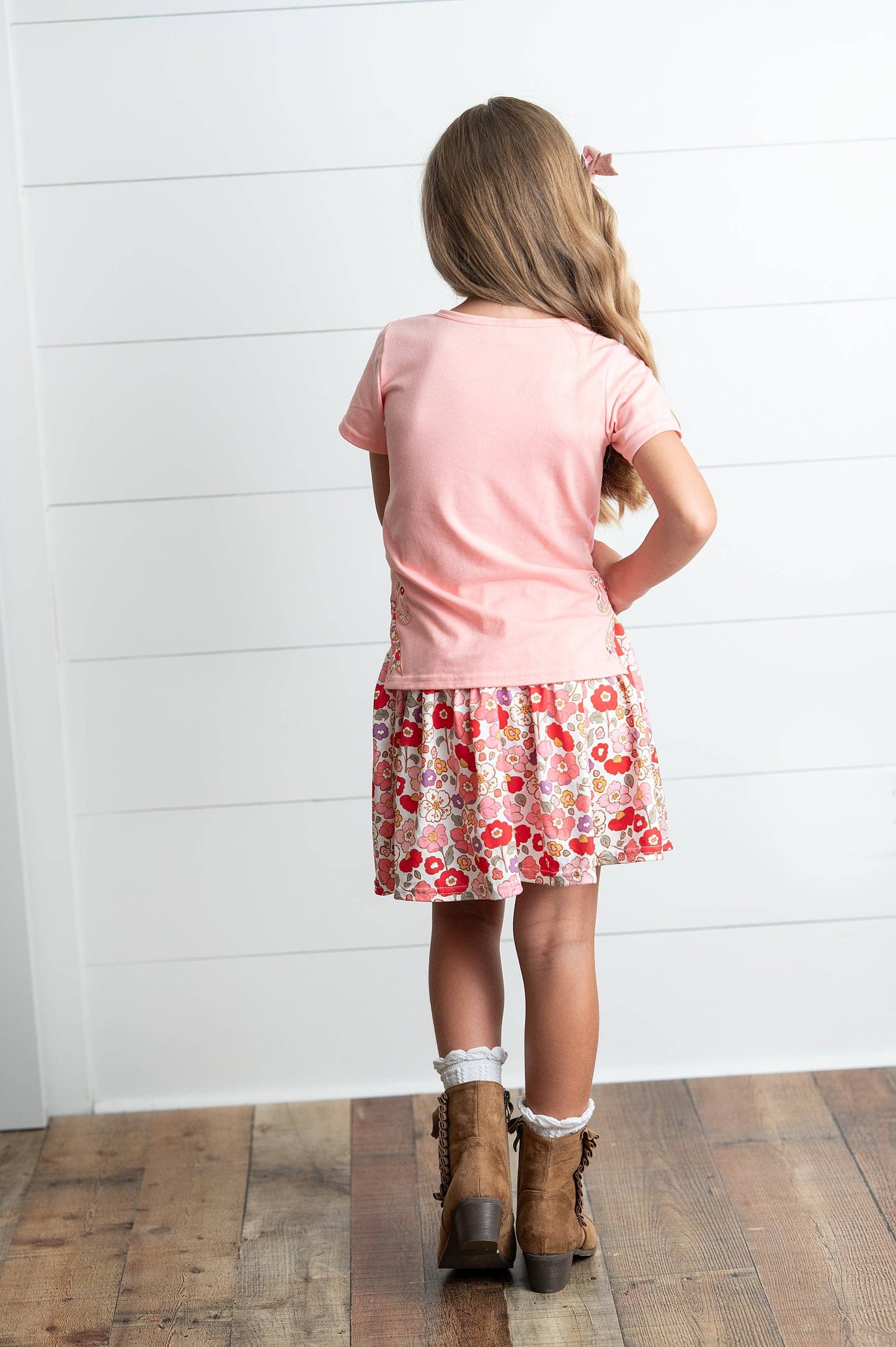 Girls Peach Floral Bow Skort Set