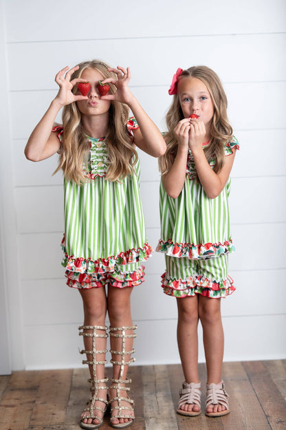 Kids Lime Strawberry Stripe Ruffle Button Spring Short Set