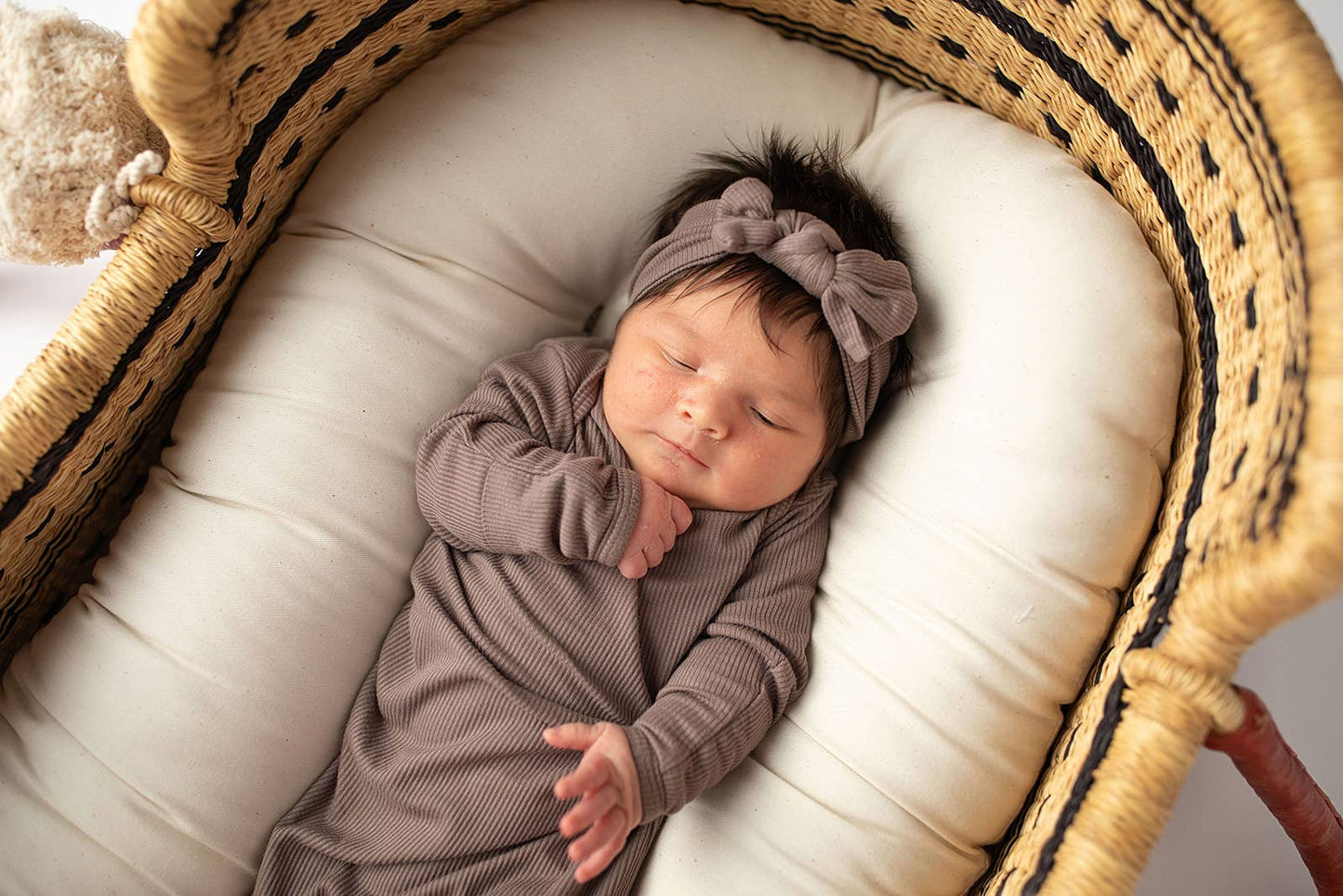 Cocoa Brown Ribbed Knotted Newborn Baby Gown & Bow