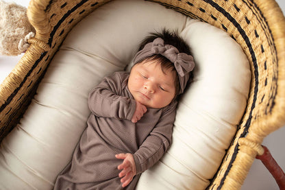 Cocoa Brown Ribbed Knotted Newborn Baby Gown & Bow