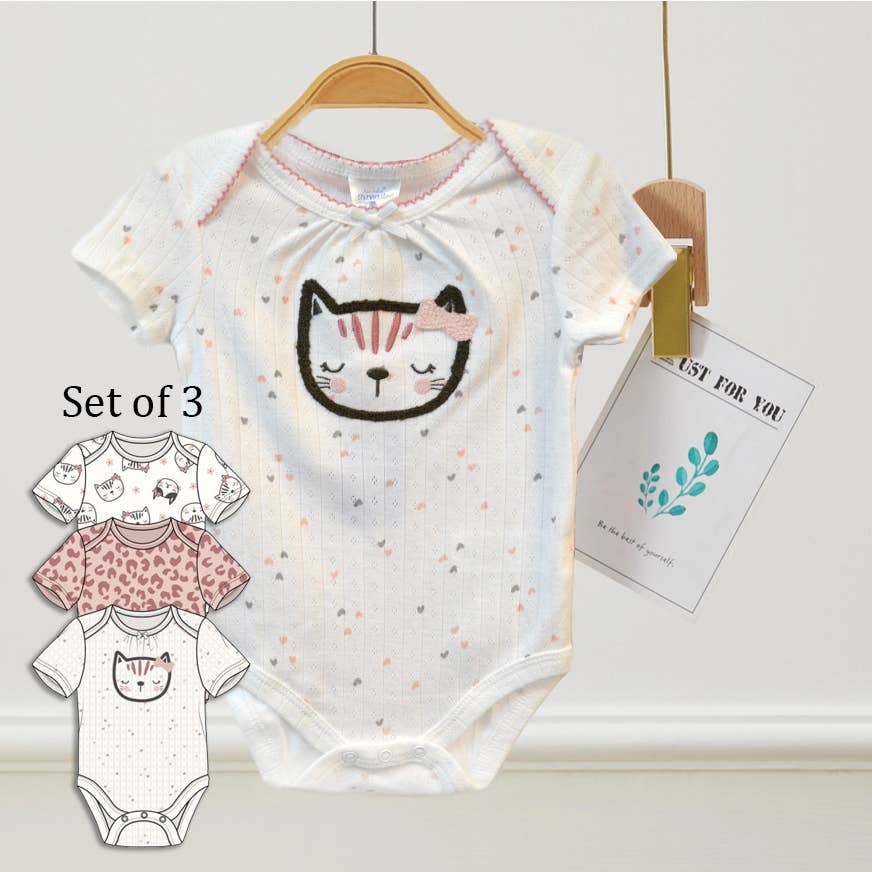 Set of 3 Cream Cat Chenille Embroidery Bodysuits