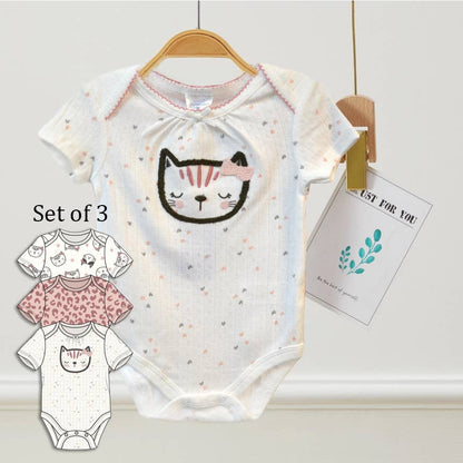 Set of 3 Cream Cat Chenille Embroidery Bodysuits