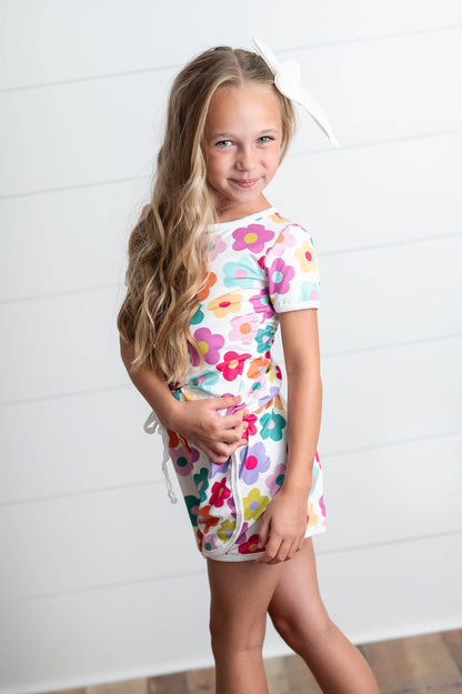 Girls Bright Pink Teal Flower Spring Summer Short Set