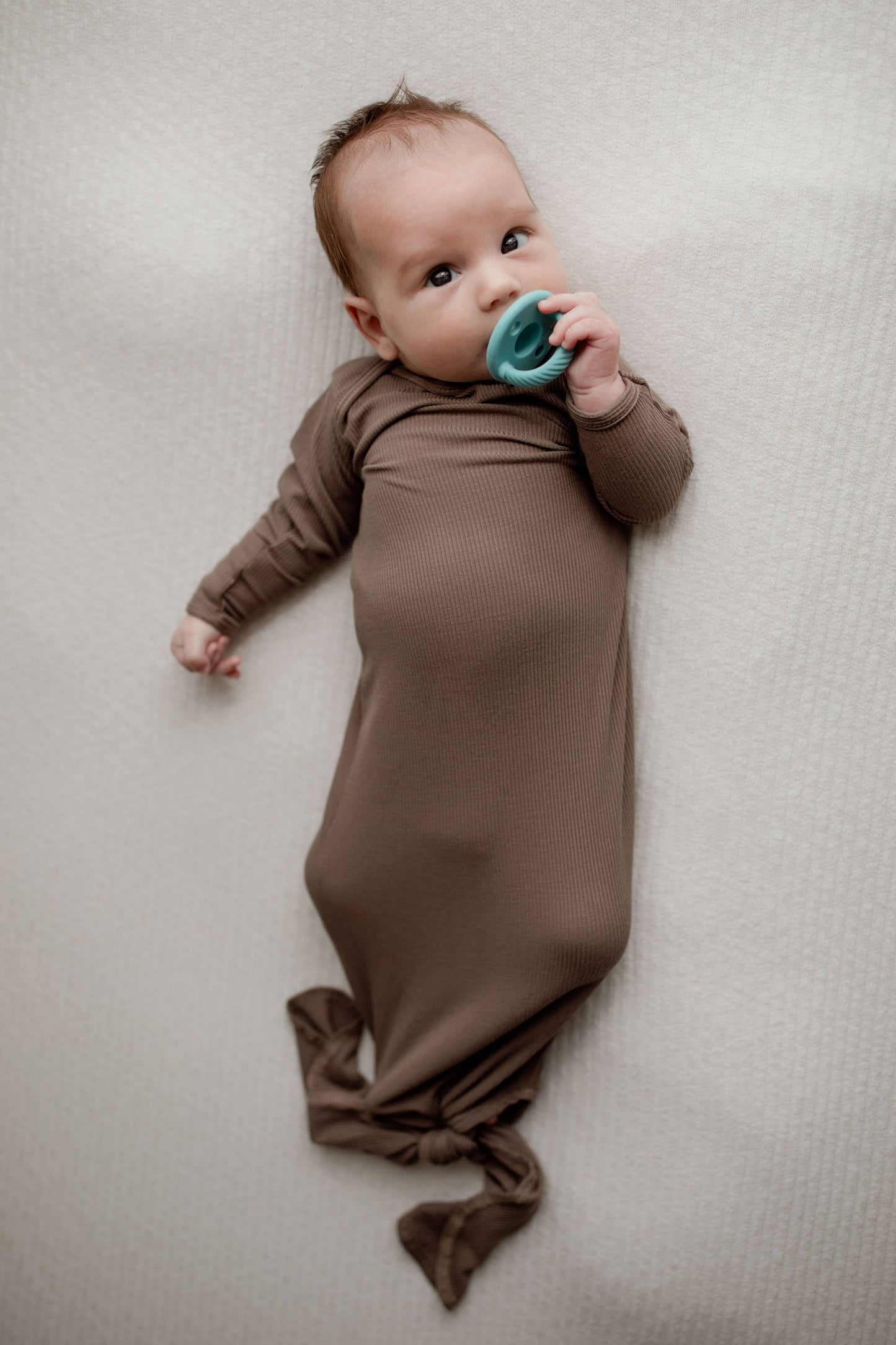 Cocoa Brown Ribbed Knotted Newborn Baby Gown & Bow