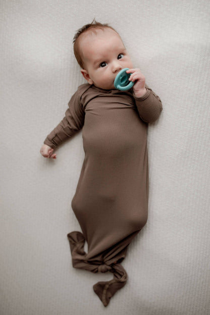 Cocoa Brown Ribbed Knotted Newborn Baby Gown & Bow