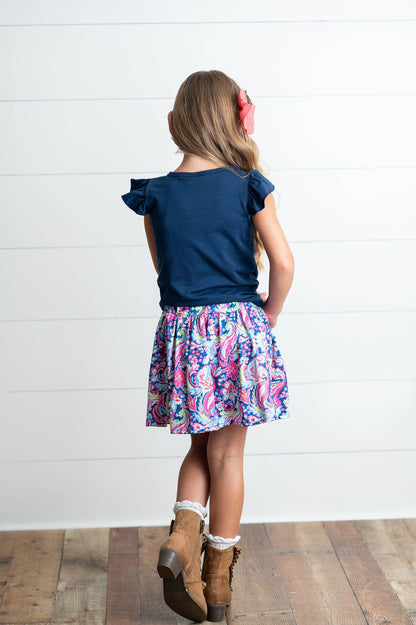 Girls Navy Pink Floral Bow Skort Set
