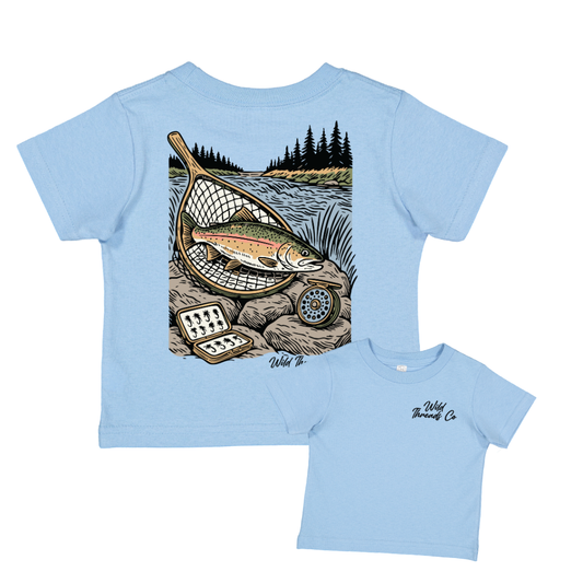 Fly Fishing Trout Tee: Light Blue