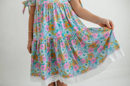 Kids Vintage Floral & Lace Tiered Square Neck Spring Dress