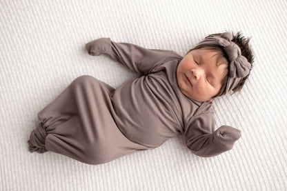 Cocoa Brown Ribbed Knotted Newborn Baby Gown & Bow