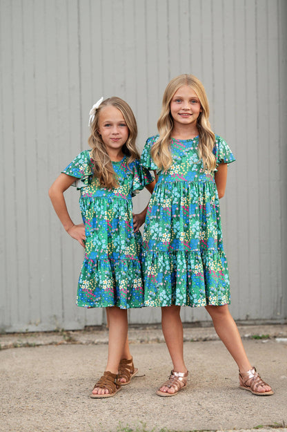 Kids Emmy Green Floral Flutter Sleeve Twirl Spring Dress