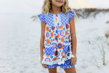 Girls Periwinkle Check Flower Power Spring Summer Short Set