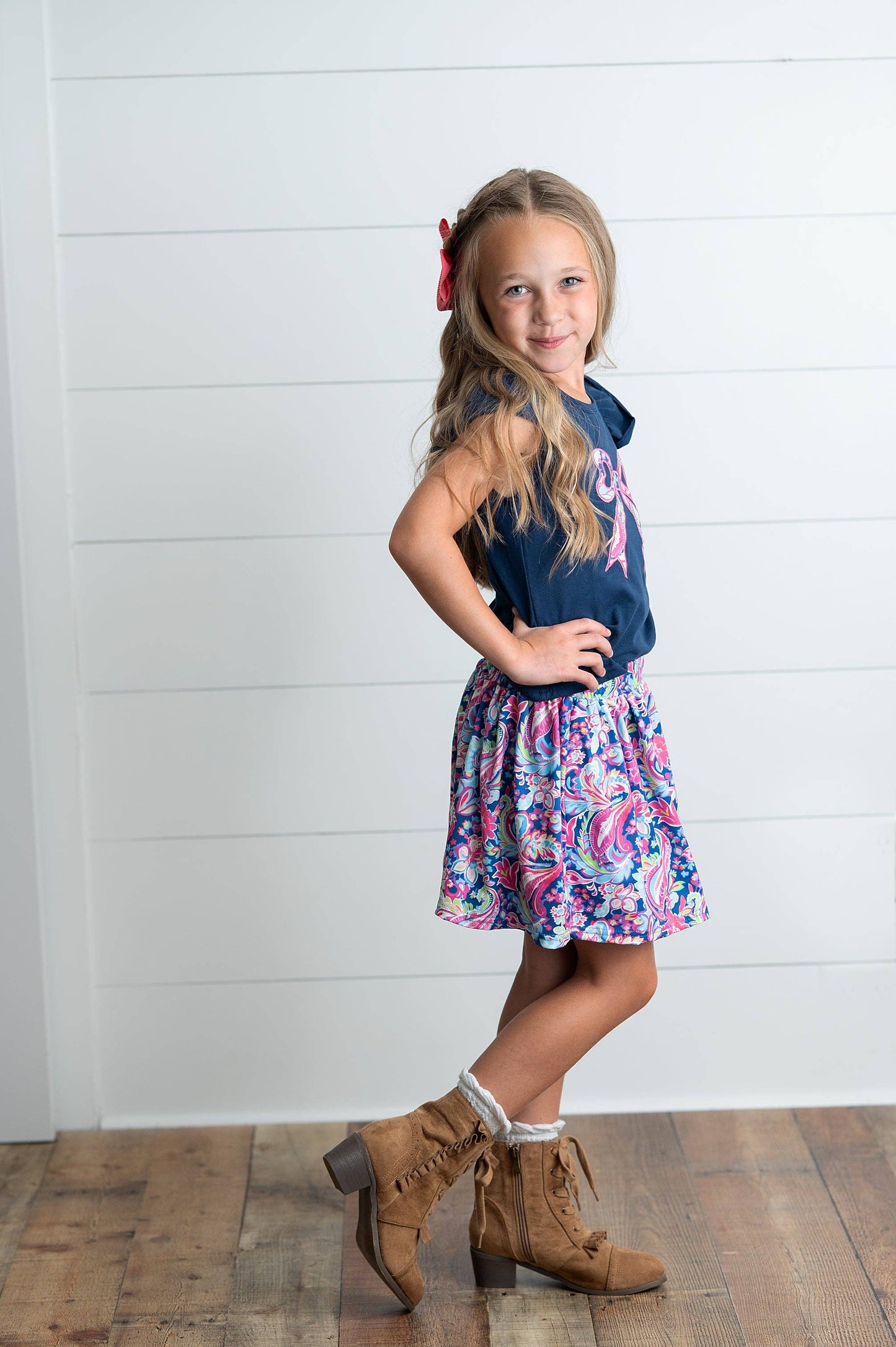 Girls Navy Pink Floral Bow Skort Set