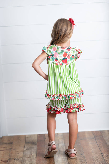 Kids Lime Strawberry Stripe Ruffle Button Spring Short Set