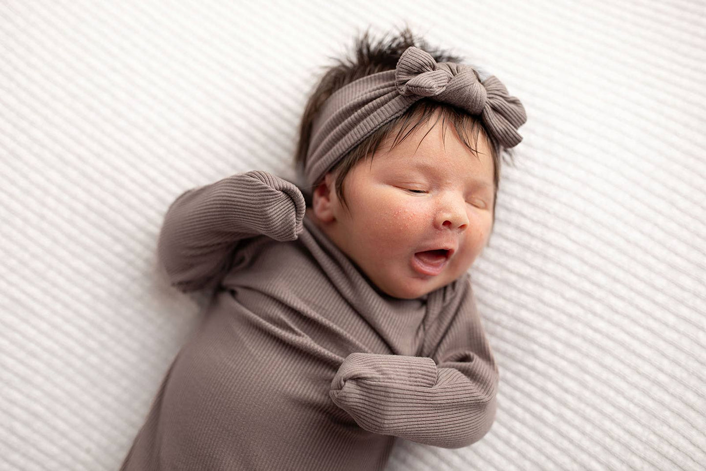 Cocoa Brown Ribbed Knotted Newborn Baby Gown & Bow