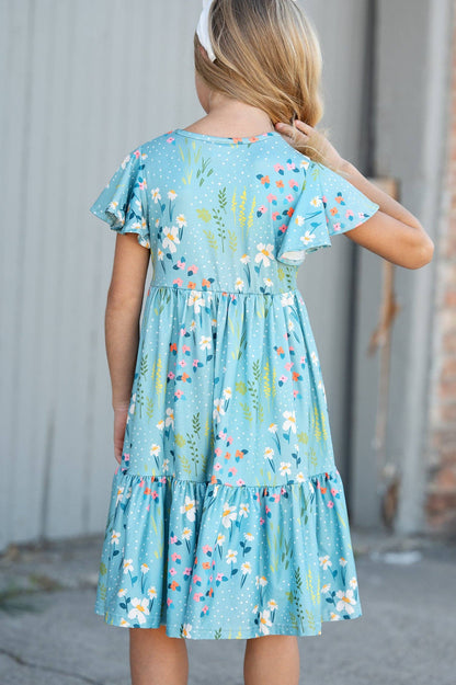 Girls Emma Teal Willow Floral Flutter Sleeve Dress