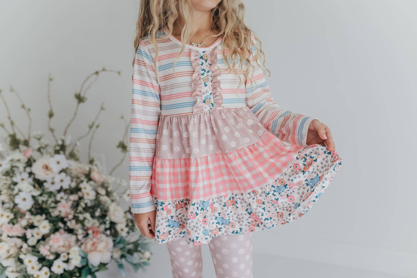Girls Sand Floral 3 Tiered Fall Ruffle Button Legging Set: 2