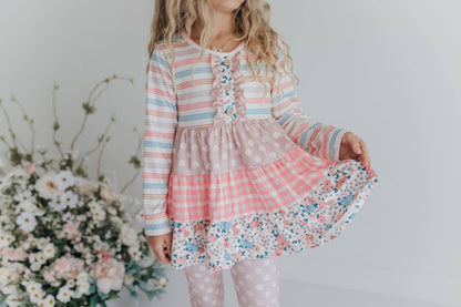 Girls Sand Floral 3 Tiered Fall Ruffle Button Legging Set: 2