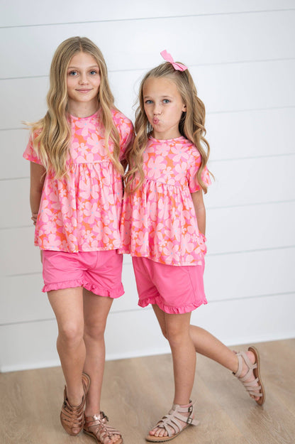 Kids Brynn Pink Floral Pocket Ruffle Spring Summer Short Set