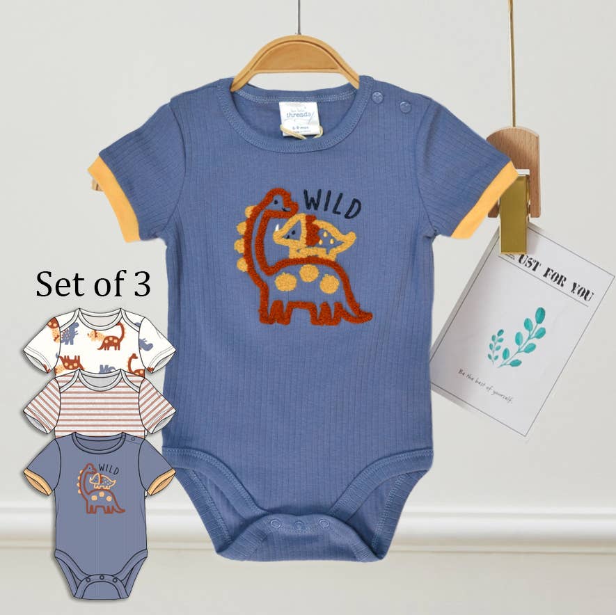 Pack of 3 Dinosaur Chenille Embroidery Bodysuits