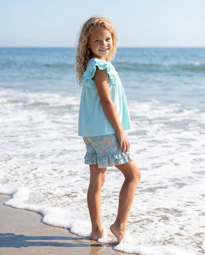 Kids Sophia Light Teal Floral Ruffle Short Set