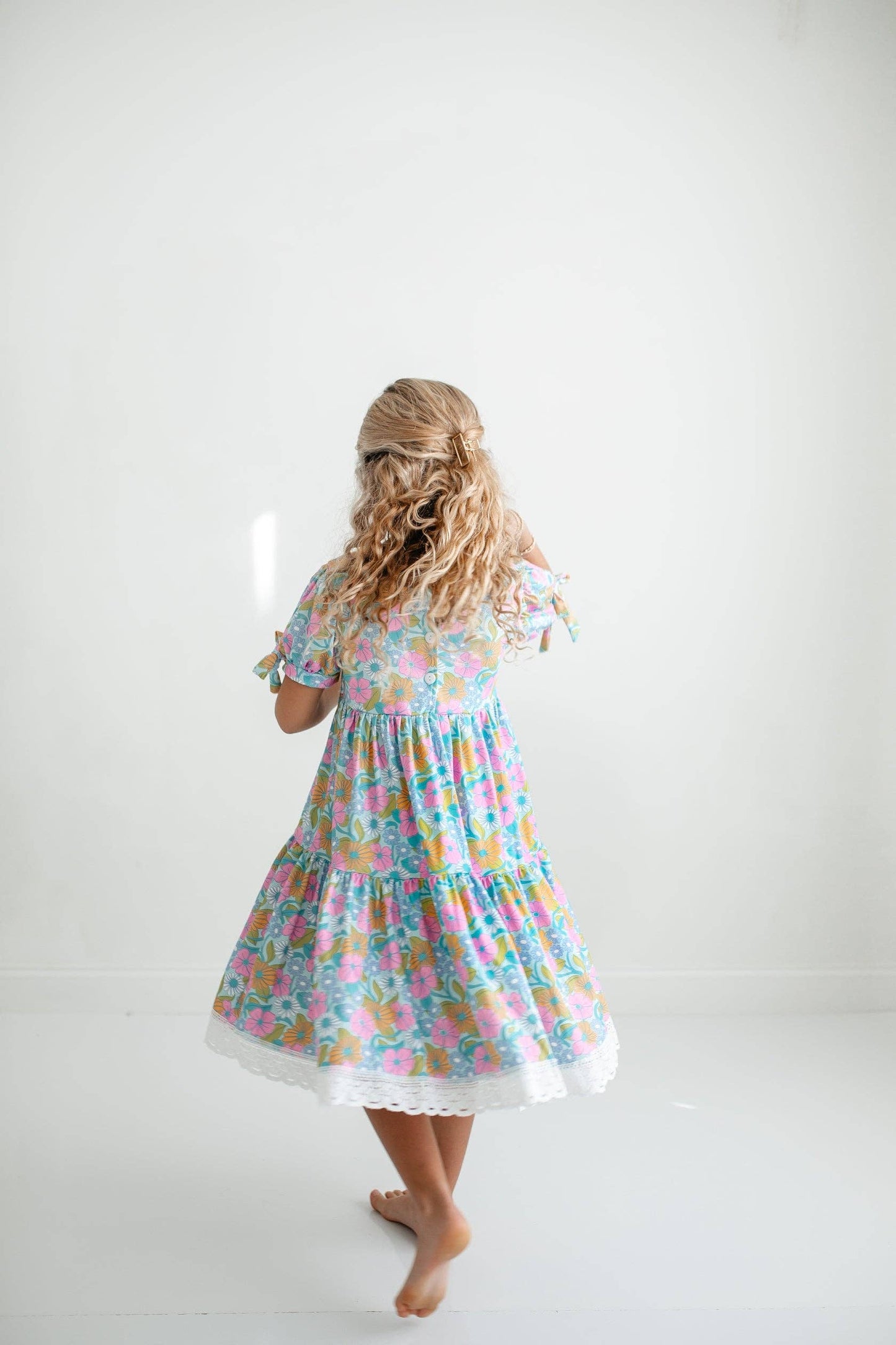Kids Vintage Floral & Lace Tiered Square Neck Spring Dress