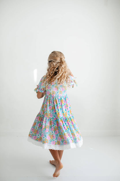 Kids Vintage Floral & Lace Tiered Square Neck Spring Dress
