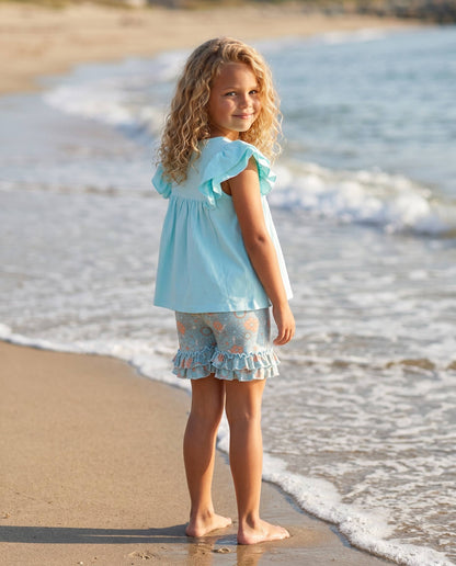 Kids Sophia Light Teal Floral Ruffle Short Set