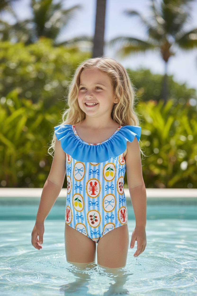 Blue & White Stripe Multi-Printed Swimsuit