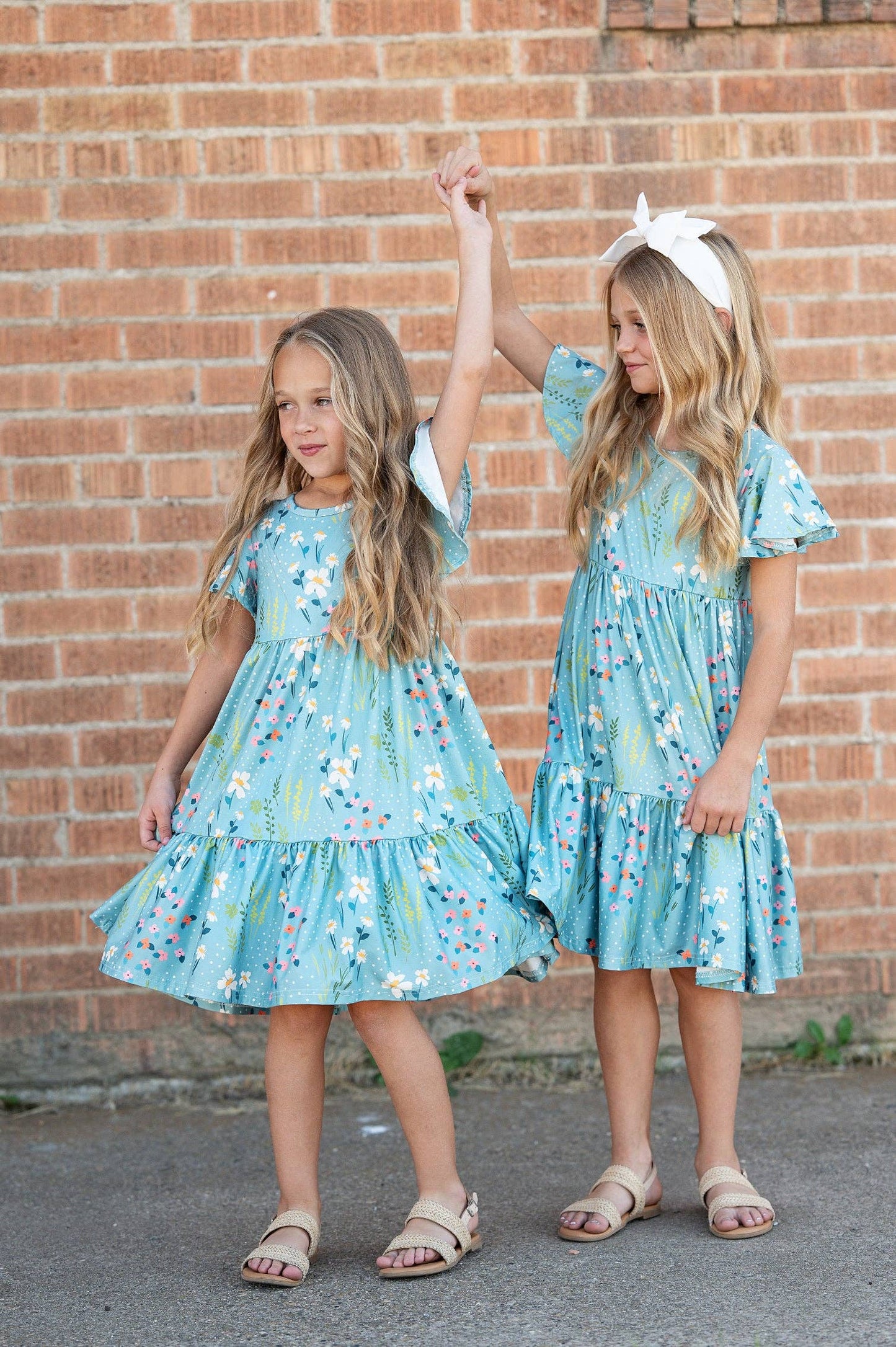 Girls Emma Teal Willow Floral Flutter Sleeve Dress
