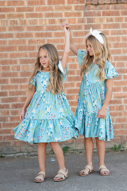 Girls Emma Teal Willow Floral Flutter Sleeve Dress
