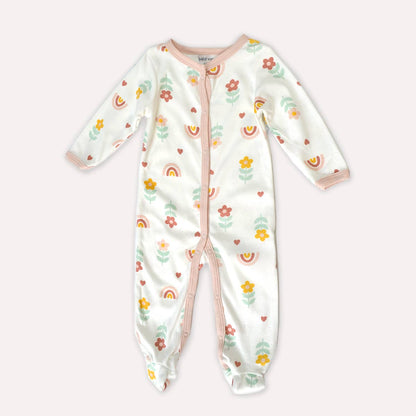 Rainbow Daisy Flowers Pattern Zipper Footie Pajamas