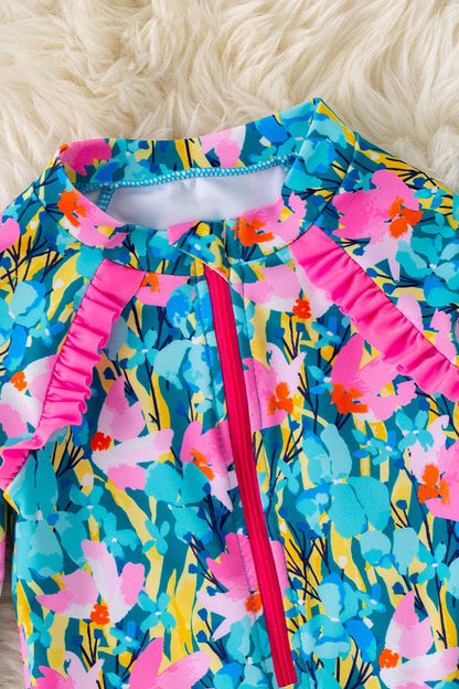 Pink & Teal Floral Printed Swimsuit w/ Front Zipper