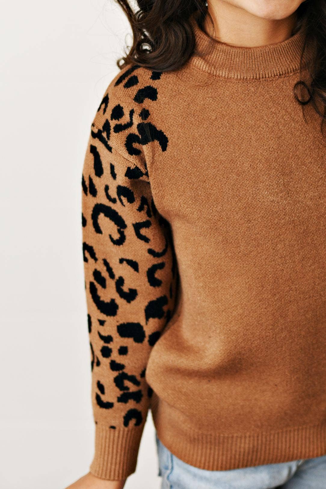 Kids Brown Leopard Print Crew Neck Fall Winter Sweater: 3/4