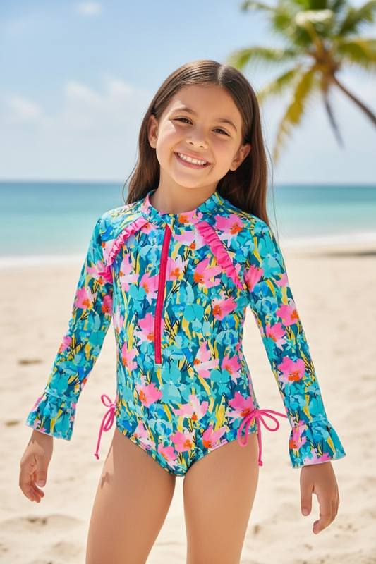 Pink & Teal Floral Printed Swimsuit w/ Front Zipper