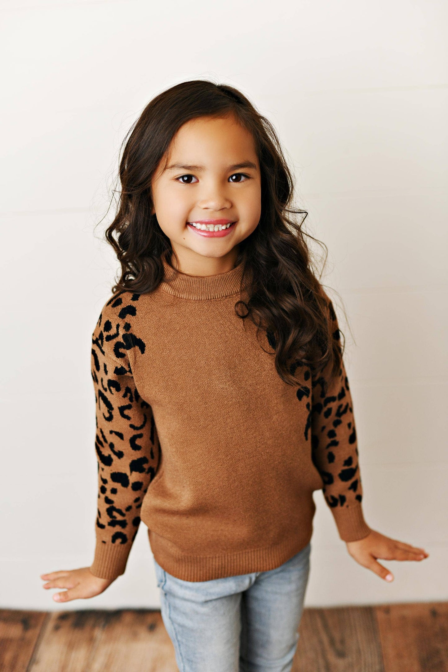 Kids Brown Leopard Print Crew Neck Fall Winter Sweater: 3/4