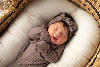 Cocoa Brown Ribbed Knotted Newborn Baby Gown & Bow