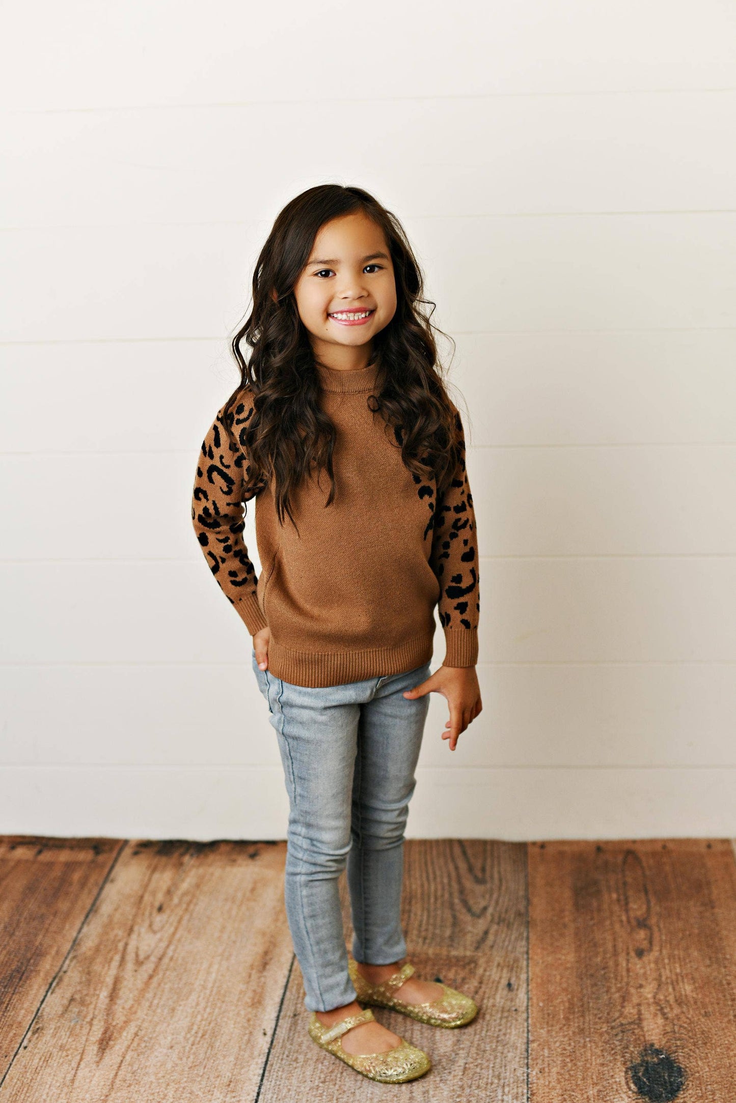 Kids Brown Leopard Print Crew Neck Fall Winter Sweater: 3/4