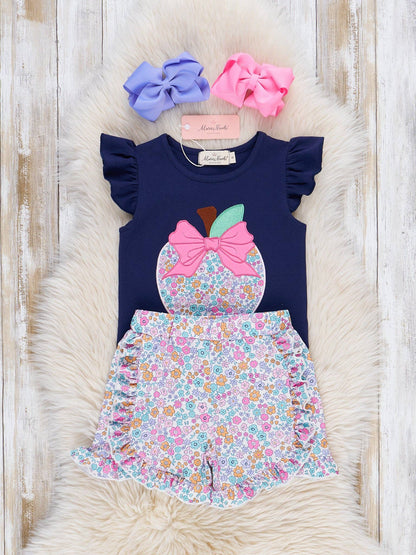 Floral Embroidered Apple Ruffle Outfit
