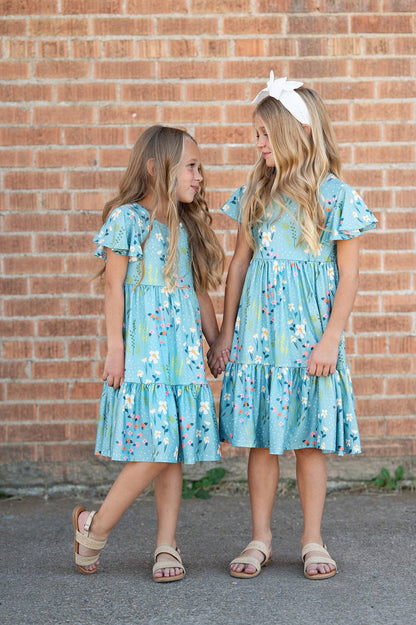 Girls Emma Teal Willow Floral Flutter Sleeve Dress